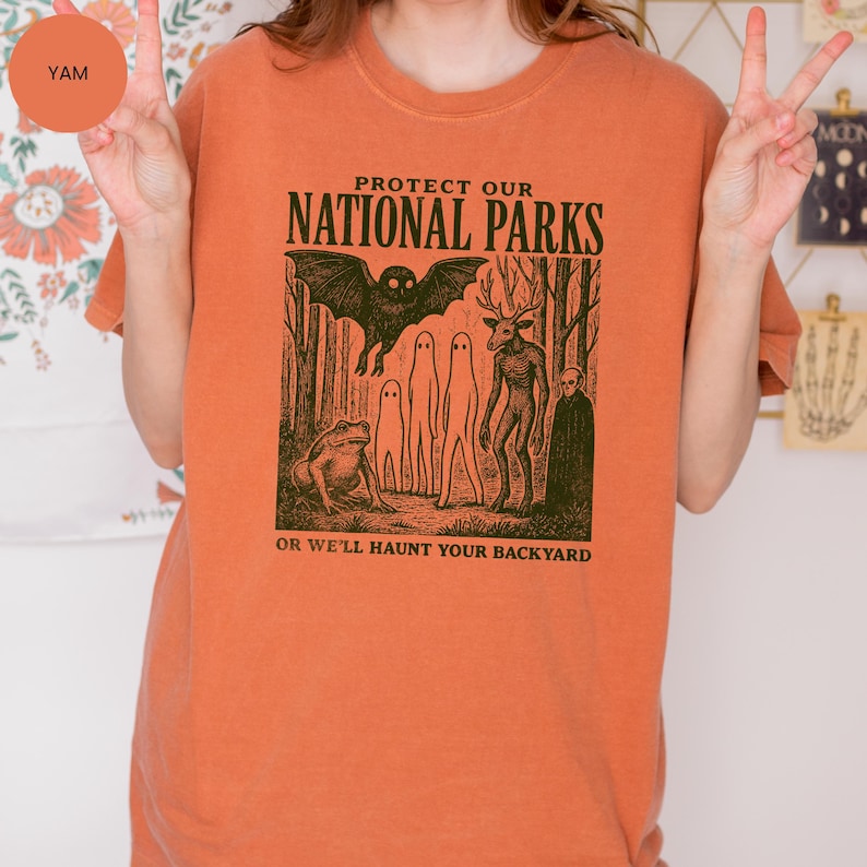 May include: Orange t-shirt featuring the text "PROTECT OUR NATIONAL PARKS" above a forest creature illustration. The text "OR WE'LL HAUNT YOUR BACKYARD" is below the graphic. The shirt is a warm, autumnal colour.