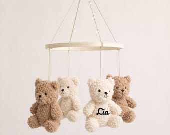 Móvil personalizado para cuna con ositos de peluche: decoración neutra para cuna, regalo personalizado con nombre para baby shower o recién nacido.