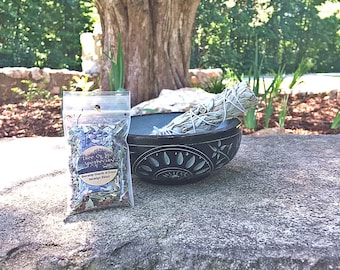 Cuenco para purificar tallado en esteatita, varita de salvia blanca de 4" y mezcla de muestra GRATIS