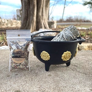 Cast Iron Cauldron Smudging Bowl Brass Chakras, 4&quot; White Sage Wand, and FREE sample blend