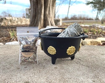 Cast Iron Cauldron Smudging Bowl Brass Chakras, 4" White Sage Wand, and FREE sample blend