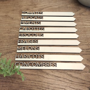 Puede incluir: Marcadores de jardín de madera con letras recortadas. Los marcadores están etiquetados con las siguientes palabras: tomates, aguacates, pimientos, zanahorias, brócoli, fresas, melones, judías y pepinos. Los marcadores están dispuestos sobre una superficie de madera.