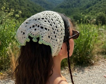 Patterned Handmade Crochet Knitted Bandana, Boho Crochet Headband, Colorful Net Pattern Bandana, Handmade Knitted Headband, 100% Cotton