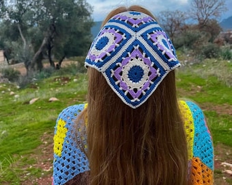 100% Cotton Knit Bandana, Patterned Handmade Crochet Knitted Bandana, Handmade Knitted Headband