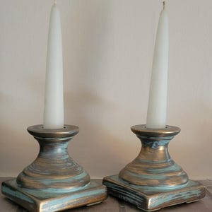 Pair of Ceramic Candle Holders - Distressed Bronze & Green Painted Finish