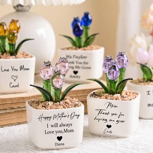 Puede incluir: Varios pequeños maceteros de cerámica blanca con esculturas de flores de cristal. Cada maceta tiene un mensaje diferente, como "I Love You Mom" y "Happy Mother's Day". Las flores son de varios colores, incluyendo amarillo, azul y rosa.