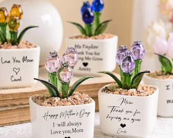 Tulipán de cristal, regalo para mamá, maceta personalizada de flores sopladas a mano, regalo para el Día de la Madre, decoración floral de escritorio personalizada y duradera.