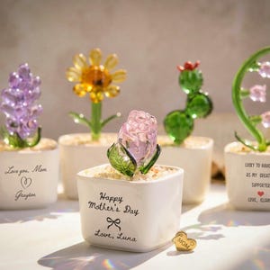 Puede incluir: Una colección de esculturas de flores de vidrio en macetas cuadradas blancas. Las flores incluyen un jacinto morado, un girasol amarillo, una rosa rosa, un cactus verde y un lirio de los valles. Cada maceta tiene un mensaje, como "Feliz Día de la Madre."