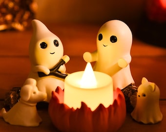 Spookkampvuurbijeenkomst decor, spookachtig spook met hond kat, halloweendecor, schattig spookbeeldje set, spookachtige spookscène, kampvuurvertoning