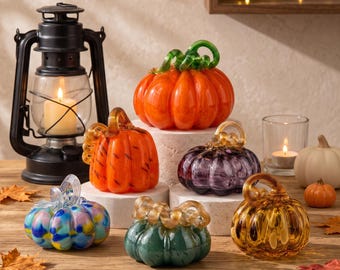 Hand Blown Glass Pumpkin Figurine, Colorful Art Glass Fall Decor, Thanksgiving Table Accent, Halloween Autumn Gift