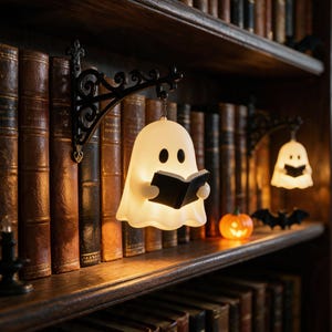 Gotische Halloween-boekensteun met hangend spooklampje, decoratie voor een donkere academische leeshoek.