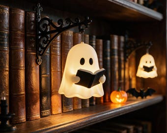 Gothic Halloween Bookend with Hanging Ghost Light, Dark Academia Reading Nook Decor