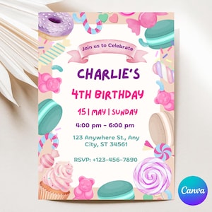 Sweets Candy Bar Poster, Birthday Invitation, Sweet Candy theme, happy birthday party invite, Canva Template (Instant Download)