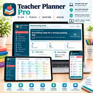 Może przedstawiać: Oprogramowanie Teacher Planner Pro wyświetlone na laptopie, tablecie i smartfonie. Interfejs zawiera pulpit nawigacyjny, tygodniowy planer lekcji oraz narzędzia do śledzenia postępów uczniów z tekstem Plan, Teach, Inspire, Grow i Teacher Command Center.
