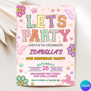 Uitnodiging patchbrief, verjaardag meisje, Varsity Patch Party, gehaakt boeket, preppy uitnodiging, bewerkbare canvassjabloon, digitale download