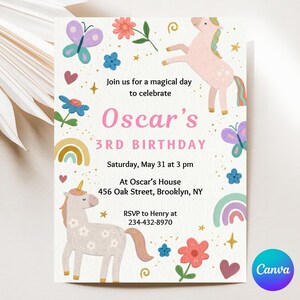 May include: A colourful birthday invitation with a unicorn, butterflies, flowers, and a rainbow. The text reads "Oscar's 3rd Birthday" with event details. The design includes a light colour palette with pink, blue, and gold accents.