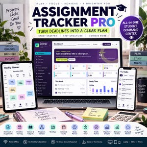 Może przedstawiać: Cyfrowy pulpit nawigacyjny Assignment Tracker Pro wyświetlany na laptopie, tablecie i smartfonie. Interfejs zawiera listy zadań, kalendarze i statystyki nauki. W zestawie notatnik, długopis, kalkulator oraz motywacyjne teksty na przedmiotach.