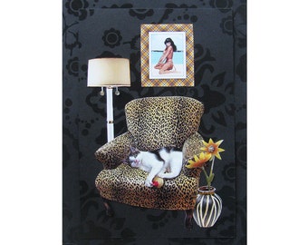 cat collage, betty page, leopard chair, cat art, pet portrait, cat portrait, black, home decor, custom art, tagt team