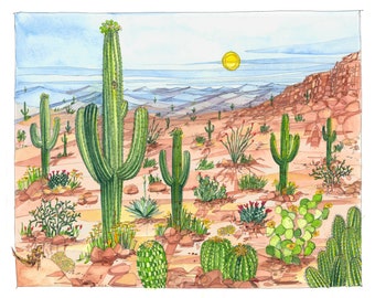 May include: Watercolor painting of a desert landscape with a variety of cacti and other desert plants. The sun is shining brightly in the sky, and the mountains in the distance are a hazy blue.