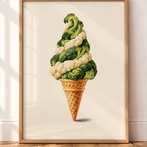 Wandbild für die Küche, Brokkoli-Blumenkohl-Eiswaffel-Motiv, Gemüseposter, lustige Küchendeko, veganes Geschenk, matter Kunstdruck