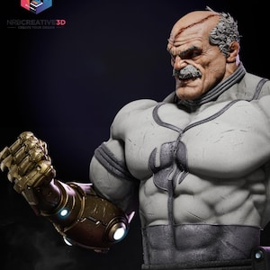 May include: A detailed statue of a muscular, older man with a stern expression. He has a gray mustache and hair, and a scar on his head. His left arm is covered in a gold and brown metallic gauntlet with glowing blue lights. The statue is primarily gray and dark.