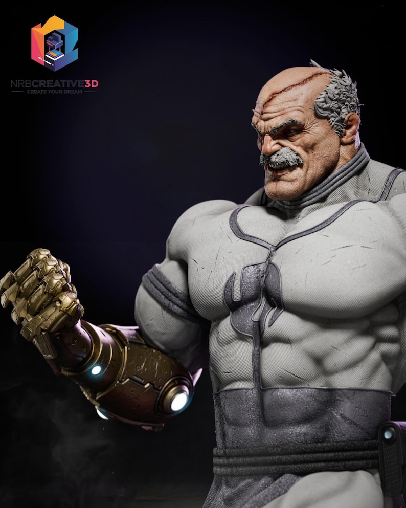 May include: A detailed statue of a muscular, older man with a stern expression. He has a gray mustache and hair, and a scar on his head. His left arm is covered in a gold and brown metallic gauntlet with glowing blue lights. The statue is primarily gray and dark.