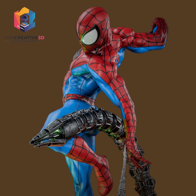 May include: A detailed figurine of Spider-Man in a dynamic pose, featuring a red and blue costume with web patterns. The figure has a mechanical arm attachment. The background is a solid brown.