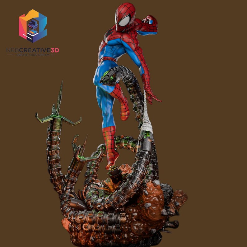 May include: A detailed statue of Spider-Man in a dynamic pose, clad in his iconic red and blue suit. The figure is perched atop a complex, multi-tentacled structure with a brown and green color scheme. The statue has a brown background.