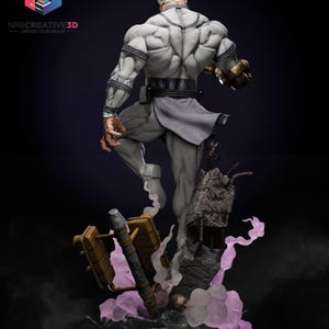May include: A detailed 3D-printed statue of a muscular figure in a dynamic pose, clad in a white and gray outfit. The figure is standing on a rocky base with a hammer and a cloud of pink smoke. The statue has a gold-colored gauntlet on one hand.