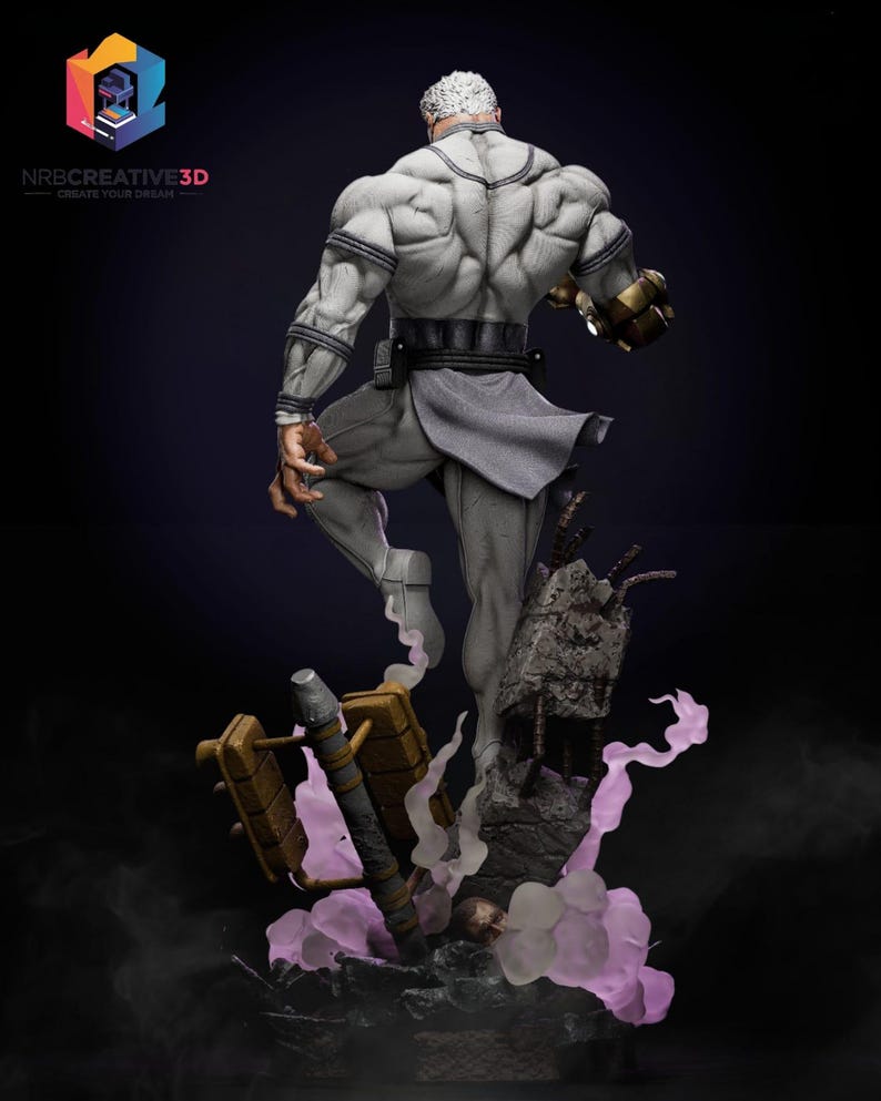 May include: A detailed 3D-printed statue of a muscular figure in a dynamic pose, clad in a white and gray outfit. The figure is standing on a rocky base with a hammer and a cloud of pink smoke. The statue has a gold-colored gauntlet on one hand.