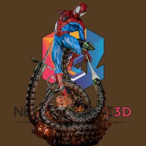 May include: A detailed figurine of Spider-Man in a dynamic pose, clad in his iconic red and blue suit. He is perched atop mechanical tentacles, with a web strand extending. The base is a textured, brown and bronze color.