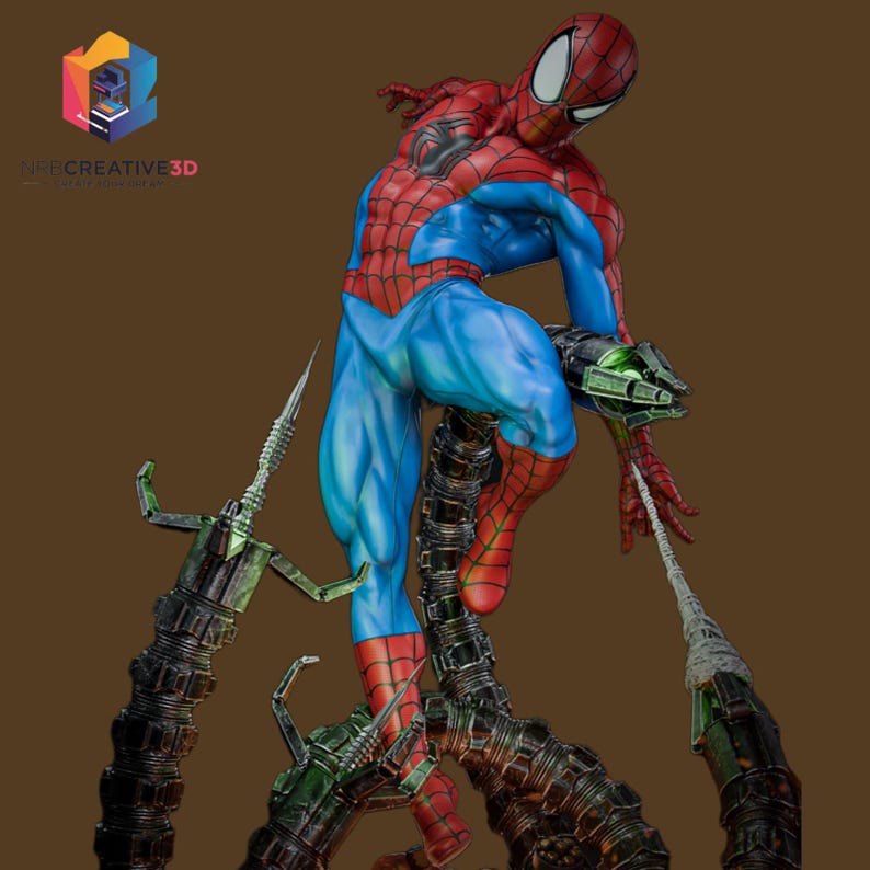 May include: A detailed figurine of Spider-Man in a dynamic pose, clad in his iconic red and blue suit. The figure is perched atop mechanical tentacles, with intricate detailing and a textured finish. The base features the text "NFBCREATIVE3D".