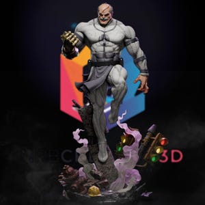 May include: A detailed 3D-printed statue of a muscular, bald figure in a dynamic pose. The figure is primarily gray with darker accents, wearing a gray tunic and wristbands. The base includes a traffic light, a fire hydrant, and purple smoke effects.