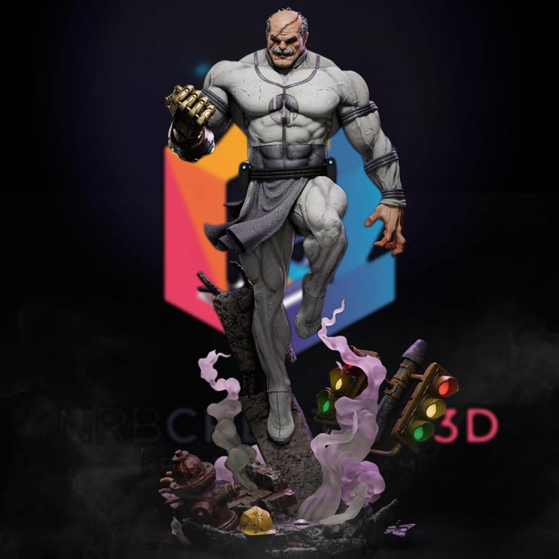 May include: A detailed 3D-printed statue of a muscular, bald figure in a dynamic pose. The figure is primarily gray with darker accents, wearing a gray tunic and wristbands. The base includes a traffic light, a fire hydrant, and purple smoke effects.