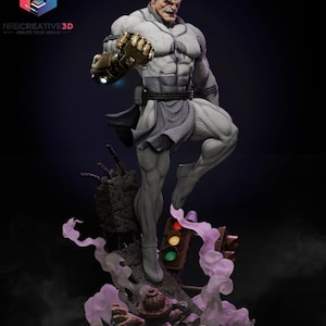 May include: A detailed statue of a muscular, bald figure in a dynamic pose, wearing a gray and white outfit with a golden gauntlet. The figure stands on a base with a traffic light and a fire hydrant, surrounded by purple smoke. The logo "NRBCREATIVE3D CREATE YOUR DREAM" is in the top left corner.