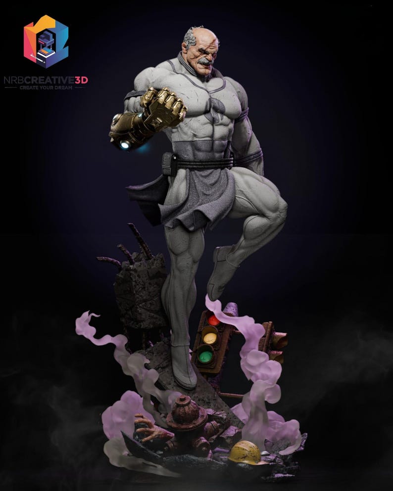 May include: A detailed statue of a muscular, bald figure in a dynamic pose, wearing a gray and white outfit with a golden gauntlet. The figure stands on a base with a traffic light and a fire hydrant, surrounded by purple smoke. The logo "NRBCREATIVE3D CREATE YOUR DREAM" is in the top left corner.