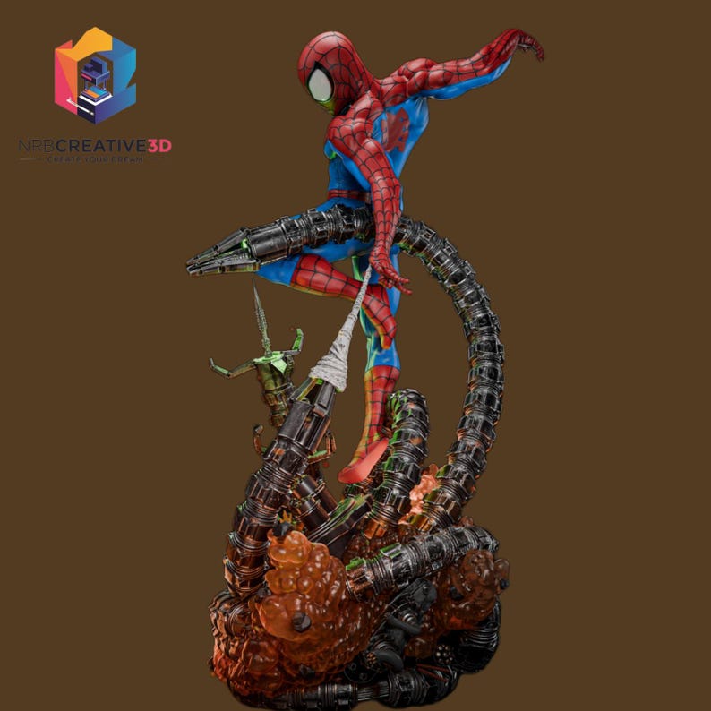 May include: A detailed figurine of Spider-Man in a dynamic pose, clad in his signature red and blue suit. He is positioned above a complex structure with mechanical arms and a green figure. The base has a brown and black color scheme.