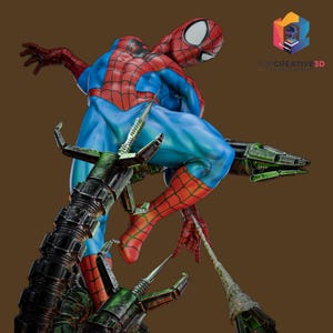 May include: A dynamic sculpture of Spider-Man in a classic pose, clad in his iconic red and blue suit. The figure is perched on a mechanical device with green and black accents, showcasing intricate details and a sense of action. The sculpture is set against a brown background.