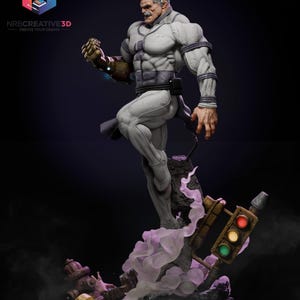 May include: A detailed 3D-printed figurine of a muscular figure in a white and gray suit, posed dynamically on a rocky base with a traffic light. The figure has a stern expression and a cybernetic arm. The base includes a fire hydrant and a yellow hard hat.