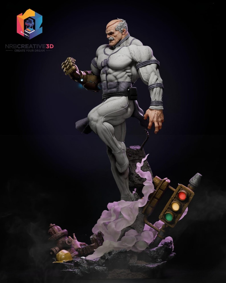 May include: A detailed 3D-printed figurine of a muscular figure in a white and gray suit, posed dynamically on a rocky base with a traffic light. The figure has a stern expression and a cybernetic arm. The base includes a fire hydrant and a yellow hard hat.