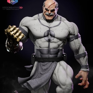 May include: A muscular, gray-skinned figure with a stern expression, wearing a gray outfit with a belt and a gold gauntlet. The figure has a bald head with a scar and a thick mustache. The image has the logo of NRBCREATIVE3D.