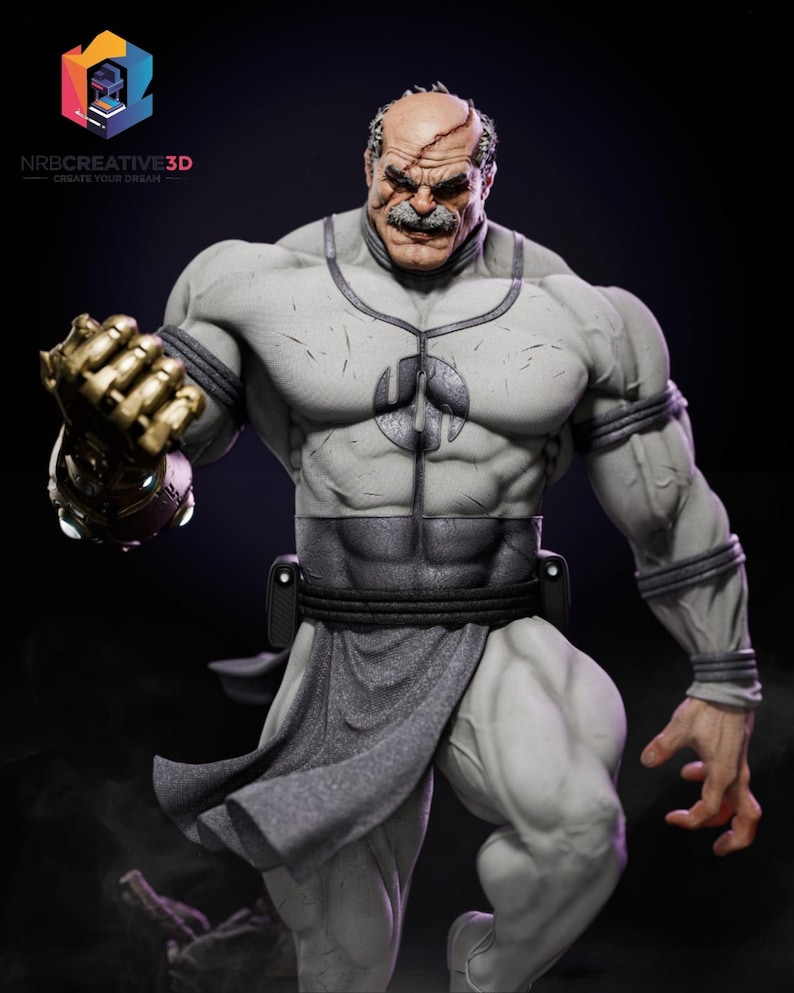May include: A muscular, gray-skinned figure with a stern expression, wearing a gray outfit with a belt and a gold gauntlet. The figure has a bald head with a scar and a thick mustache. The image has the logo of NRBCREATIVE3D.