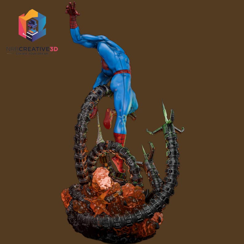 May include: A blue and red Spider-Man figurine in a dynamic pose, supported by mechanical tentacles. The base features a fiery, orange and red design. The figure is detailed and appears to be 3D printed.