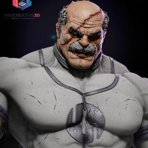 May include: A 3D rendered image of a muscular character with a bald head, a large gray mustache, and a scar across his forehead. He wears a gray and black suit with a symbol on the chest. The image includes the text "NRBCREATIVE3D CREATE YOUR DREAM".