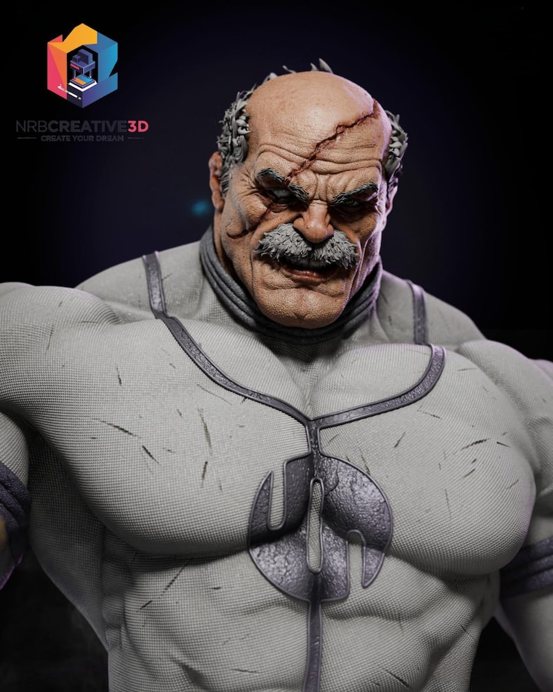 May include: A 3D rendered image of a muscular character with a bald head, a large gray mustache, and a scar across his forehead. He wears a gray and black suit with a symbol on the chest. The image includes the text "NRBCREATIVE3D CREATE YOUR DREAM".