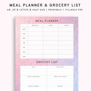Puede incluir: Un planificador de comidas e lista de compras imprimible, disponible en tamaños A4, A5, carta y media carta. El diseño presenta un fondo degradado con un patrón de cachemira. El planificador incluye secciones para desayuno, almuerzo y cena, así como una lista de compras.