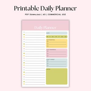 Könnte beinhalten: Ein druckbarer Tagesplaner mit rosa Hintergrund und bunten Abschnitten für Aufgaben, Notizen und Prioritäten. Der Planer enthält einen Datumsbereich, einen Wochentagsbereich und einen Notizbereich. Der Text "Daily Planner" befindet sich oben auf der Seite.