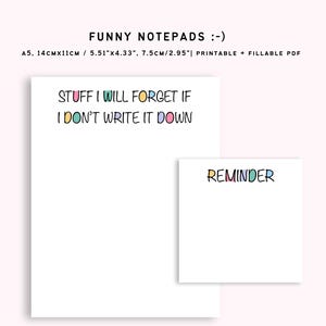 Op de afbeelding: Twee printbare notitieblokontwerpen in A5-formaat (14 cm x 11 cm). Het eerste notitieblok heeft de tekst "Stuff I will forget if I don't write it down" in kleurrijke letters. Het tweede notitieblok heeft het woord "Reminder" in kleurrijke letters.
