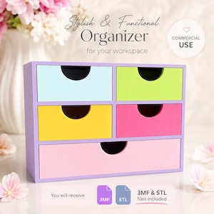 May include: A multi-colored desktop organizer with five drawers in light blue, lime green, yellow, hot pink, and light pink, set within a purple frame. Text reads: Stylish & Functional Organizer for your workspace, COMMERCIAL USE, and You will receive: 3MF & STL files included.