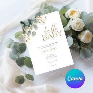 Faire-part de fête prénatale | Modifiable sur Canvas | Clipart aquarelle | Imprimable | Haute qualité |  Eucalyptus | Bonjour bébé | 5 x 7 po.